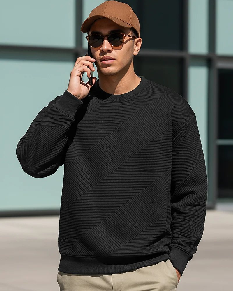 bewakoof Men's Black Textured Oversized Sweatshirt